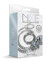 Load image into Gallery viewer, Nixie Metal Butt Plug w/Inlaid Jewel & Fur Cuff Set - Silver Metallic