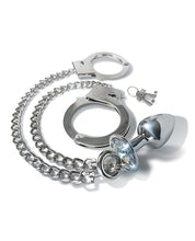 Load image into Gallery viewer, Nixie Metal Butt Plug w/Inlaid Jewel & Fur Cuff Set - Silver Metallic