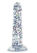 Load image into Gallery viewer, Glittergasm Swirl Clear Dildo with Suction Cup - Blue/Purple/Violet Glitter - Blue/Purple
