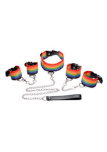 Load image into Gallery viewer, Kinky Pride Rainbow Bondage Set - Wrist/Ankle Cuffs and Collar with Leash