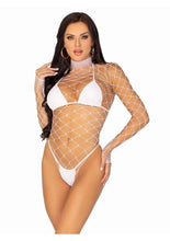 Load image into Gallery viewer, Leg Avenue Fence Net Snap Crotch Long Sleeved Bodysuit - White - One Size