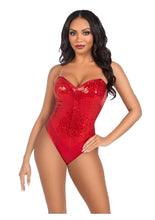 Load image into Gallery viewer, Leg Avenue Sequin Boned Snap Crotch Bodysuit with Detachable Clear Strap - Red - Medium - 2 Piece