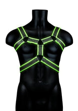 Load image into Gallery viewer, Ouch! Bonded Leather Body Harness - Black/Glow In The Dark/Green - Medium/Small