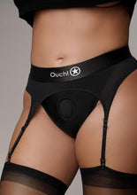 Load image into Gallery viewer, Ouch! Vibrating Strap-On Thong with Adjustable Garters Rechargeable - Black - XLarge/XXLarge