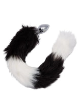 Load image into Gallery viewer, Running Wild Black and White Tail Faux Fur Tail and Metallic Anal Plug - Black/Metal/White