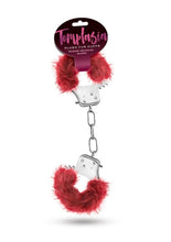 Load image into Gallery viewer, Temptasia Plush Fur Cuffs - Burgundy/Metal/Red