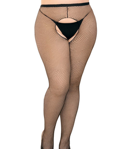 Ginny Fishnet Crotchless Pantyhose - Plus (Black)