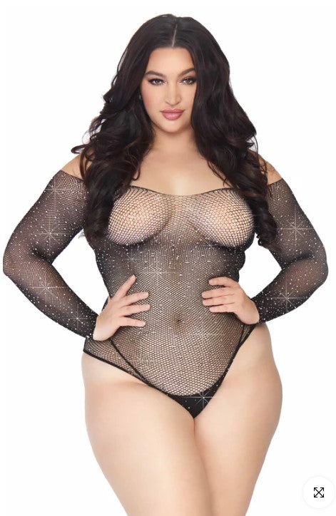 Plus Falling 4 U Rhinestone Bodysuit- Plus (Black)