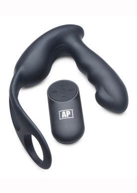 Alpha Pro 7x P-Strap Milker Silicone Rechargeable Vibrating Prostate Plug with Milking Bead, Cock and Ball Ring and Remote Control - Black