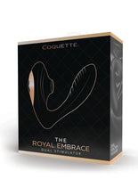 Load image into Gallery viewer, Coquette Royal Embrace Rechargeable Silicone Dual Vibrator with Clitoral Stimulator - Black/Gold
