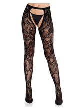 Load image into Gallery viewer, Eyelet Rose Lace Crotchless Tights with Cheeky Open Back - Black - One Size
