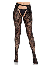 Load image into Gallery viewer, Eyelet Rose Lace Crotchless Tights with Cheeky Open Back
