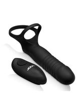 Load image into Gallery viewer, Jock Double Thrust Thrusting and Vibrating Double Penetration Rechargeable Silicone Cock Ring W/ Remote - Black
