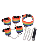 Load image into Gallery viewer, Kinky Pride Rainbow Bondage Set - Wrist/Ankle Cuffs and Collar with Leash
