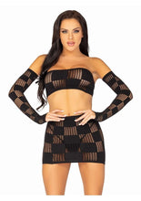 Load image into Gallery viewer, Leg Avenue Checkerboard Net and Opaque Bandeau Mini Skirt and Arm Warmers
