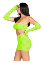 Load image into Gallery viewer, Leg Avenue Checkerboard Net and Opaque Bandeau Mini Skirt and Arm Warmers - Green/Neon Green - One Size

