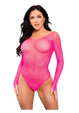 Load image into Gallery viewer, Leg Avenue Crystalized Long Sleeve Fishnet Thong Back Bodysuit with Snap Crotch - Neon Pink - One Size
