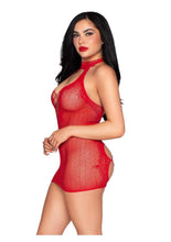 Load image into Gallery viewer, Leg Avenue Dotted Net and Lace Halter Mini Dress with Faux Lace-Up Open Back
