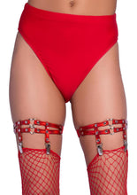 Load image into Gallery viewer, Leg Avenue Dual Strap Iridescent Studded Thigh High Garter Suspender with Mini Hearts - Red - One Size
