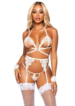 Load image into Gallery viewer, Leg Avenue Eyelash Lace Cage Strap Open Cup Bra with Heart Ring Accent, Garter Belt, G-String Panty and Wrist Cuffs - White - One Size - 4 Pieces
