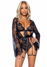 Load image into Gallery viewer, Leg Avenue Eyelash Lace Garter Teddy with G-String Back and Adjustable Straps, Lace Robe and Ribbon Tie - Black - Large - 3 Pieces
