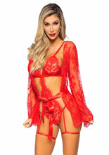 Load image into Gallery viewer, Leg Avenue Eyelash Lace Garter Teddy with G-String Back and Adjustable Straps, Lace Robe and Ribbon Tie - Red - Small - 3 Pieces
