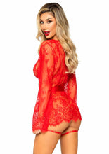 Load image into Gallery viewer, Leg Avenue Eyelash Lace Garter Teddy with G-String Back and Adjustable Straps, Lace Robe and Ribbon Tie - Red - Small - 3 Pieces
