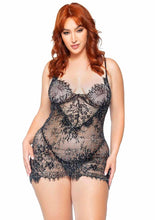 Load image into Gallery viewer, Leg Avenue Eyelash Lace Rhinestone Backless Mini Dress and G-String - Black - Queen/XLarge/XXLarge - 2 Pieces
