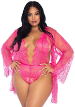Load image into Gallery viewer, Leg Avenue Floral Lace Teddy with Adjustable Straps and Cheeky Thong Back, Matching Lace Robe with Scalloped Trim and Satin Tie - Hot Pink/Pink - Queen/XLarge/XXLarge - 3 Piece
