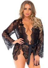 Load image into Gallery viewer, Leg Avenue Floral Lace Teddy with Adjustable Straps and Cheeky Thong Back, Matching Lace Robe with Scalloped Trim and Satin Tie - Black - Large - 3 Piece
