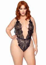 Load image into Gallery viewer, Leg Avenue Floral Lace Teddy with Adjustable Straps and Cheeky Thong Back, Matching Lace Robe with Scalloped Trim and Satin Tie
