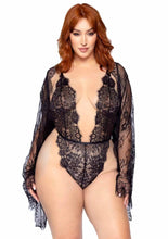 Load image into Gallery viewer, Leg Avenue Floral Lace Teddy with Adjustable Straps and Cheeky Thong Back, Matching Lace Robe with Scalloped Trim and Satin Tie - Black - Queen/XLarge/XXLarge - 3 Pieces
