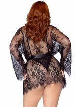 Load image into Gallery viewer, Leg Avenue Floral Lace Teddy with Adjustable Straps and Cheeky Thong Back, Matching Lace Robe with Scalloped Trim and Satin Tie - Black - Queen/XLarge/XXLarge - 3 Pieces
