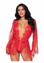 Load image into Gallery viewer, Leg Avenue Floral Lace Teddy with Adjustable Straps and Cheeky Thong Back Matching Lace Robe with Scalloped Trim and Satin Tie - Red - Large
