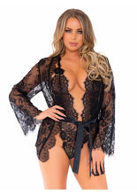 Load image into Gallery viewer, Leg Avenue Floral Lace Teddy with Adjustable Straps and Cheeky Thong Back Matching Lace Robe with Scalloped Trim and Satin Tie - Black - Small
