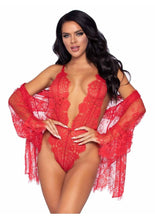 Load image into Gallery viewer, Leg Avenue Floral Lace Teddy with Adjustable Straps and Cheeky Thong Back Matching Lace Robe with Scalloped Trim and Satin Tie - Red - Small
