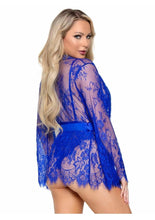 Load image into Gallery viewer, Leg Avenue Floral Lace Teddy with Adjustable Straps and Cheeky Thong Back Matching Lace Robe with Scalloped Trim and Satin Tie
