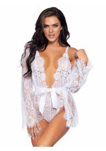 Load image into Gallery viewer, Leg Avenue Floral Lace Teddy with Adjustable Straps and Cheeky Thong Back Matching Lace Robe with Scalloped Trim and Satin Tie - White - Small
