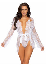 Load image into Gallery viewer, Leg Avenue Floral Lace Teddy with Adjustable Straps and Cheeky Thong Back Matching Lace Robe with Scalloped Trim and Satin Tie - White - Small
