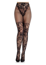 Load image into Gallery viewer, Leg Avenue French Cut Dahlia Lace Tights with Net Thigh Detail - Black - One Size
