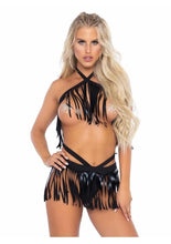 Load image into Gallery viewer, Leg Avenue Fringe Halter Top and Matching Bikini Bottoms - Black - Large/Medium - 2 Piece
