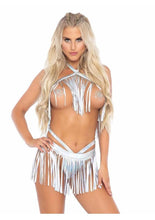 Load image into Gallery viewer, Leg Avenue Fringe Halter Top and Matching Bikini Bottoms - Silver - Medium/Small - 2 Piece
