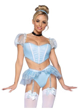 Load image into Gallery viewer, Leg Avenue Glass Slipper Cinderella Boned Sweetheart Crop Top with Organza Sleeves, Garter Panty with Shimmer Sheer Skirt, Ribbon Choker, and Matching Hair Band - Blue - XSmall - 4 Piece

