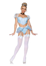 Load image into Gallery viewer, Leg Avenue Glass Slipper Cinderella Boned Sweetheart Crop Top with Organza Sleeves, Garter Panty with Shimmer Sheer Skirt, Ribbon Choker, and Matching Hair Band

