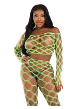 Load image into Gallery viewer, Leg Avenue Hardcore Net Crop Top and Footless Tights - Neon Green - One Size - 2 Piece
