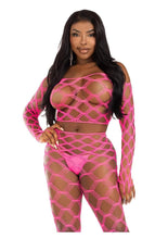 Load image into Gallery viewer, Leg Avenue Hardcore Net Crop Top and Footless Tights - Neon Pink - One Size - 2 Piece
