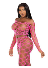 Load image into Gallery viewer, Leg Avenue Hardcore Net Crop Top and Footless Tights - Neon Pink - One Size - 2 Piece
