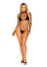 Load image into Gallery viewer, Leg Avenue High Neck Fence Net Long Sleeved Bodysuit with Snap Crotch Thong Panty - Black - One Size
