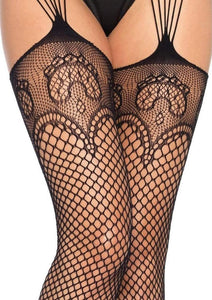 Leg Avenue Industrual Net Stocking with Dutchess Lace Top and Attached Multi-Strand Garter Belt - Black - One Size