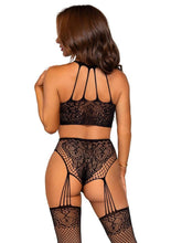 Load image into Gallery viewer, Leg Avenue Lace and Net Halter Crop Top and High Waist Crotchless Garter Panty with Attached Stockings - Black - One Size - 2 Pieces
